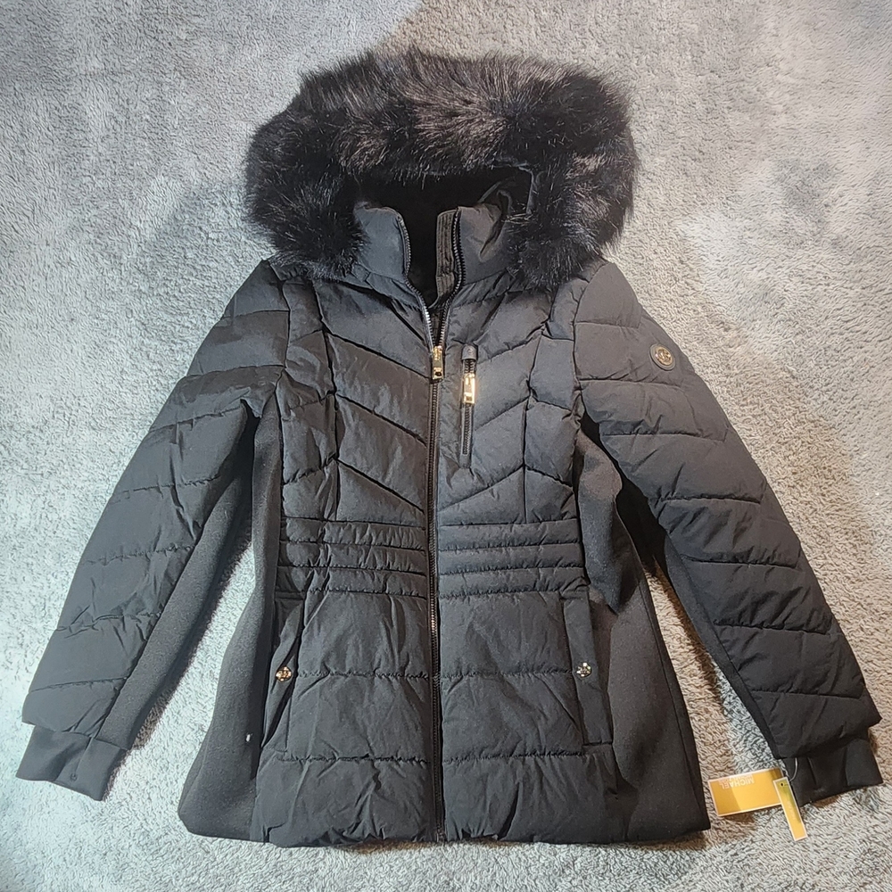 Michael Kors Women’s Black Puffer Coat Faux Fur Hood Size Large NWT